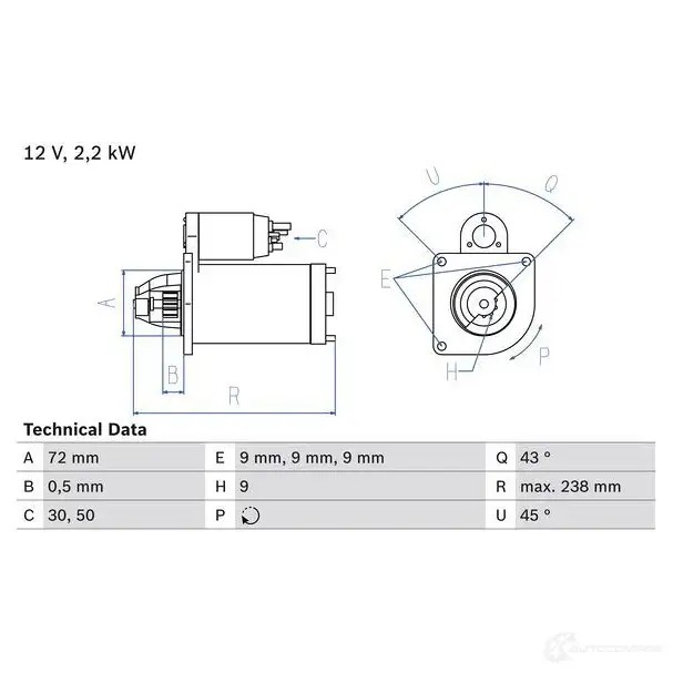 Стартер BOSCH 331516 QHW65 2 009 0986020091