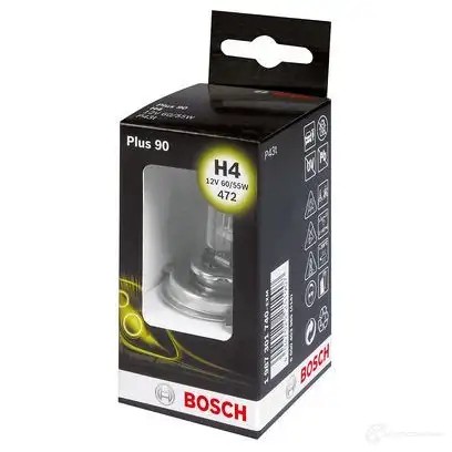 Лампа галогеновая H4 P43T 60/55 Вт 12 В BOSCH D38CI 350106 12V 60/55W H4 PLUS 90 (1-BOX) 1987301740