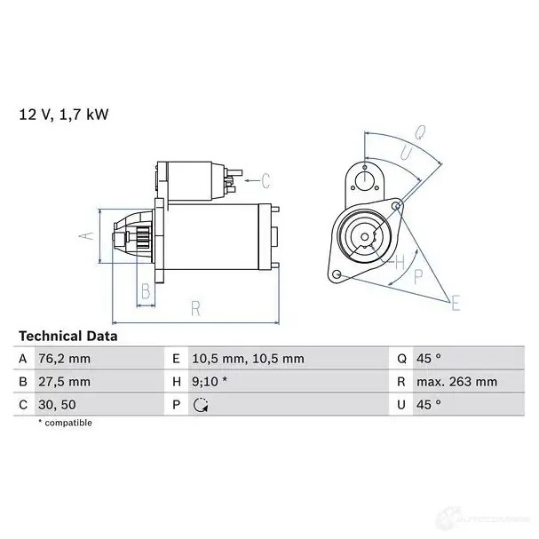 Стартер BOSCH 331376 VM3SH 1 807 0986018070